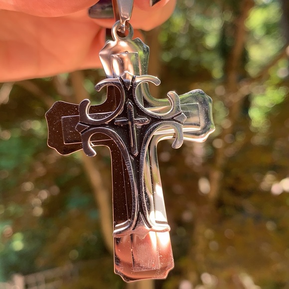 New Two Tone Stainless Steel Cross w/ Large Bail - Picture 6 of 10